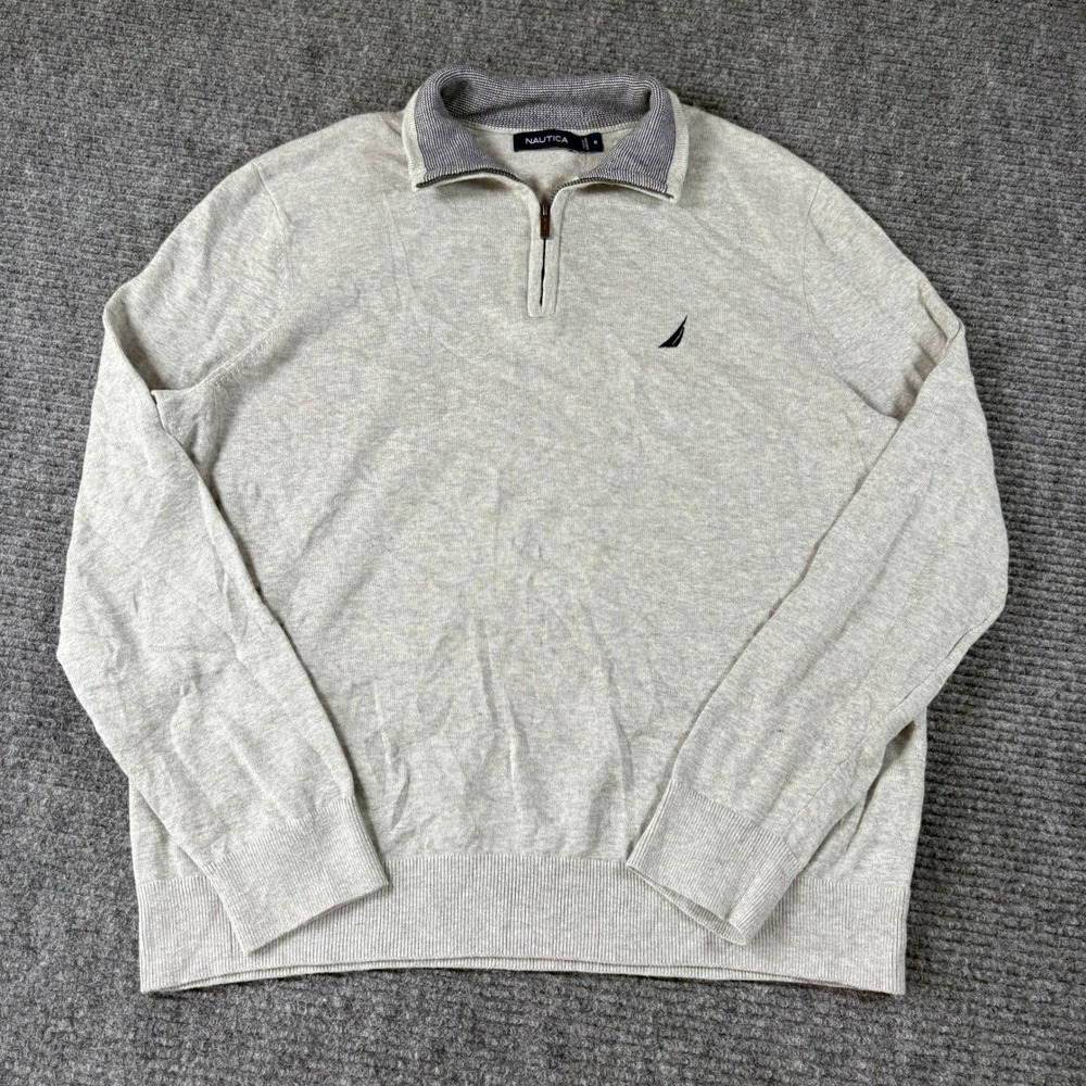 Nautica Mens Medium Heather Gray Quarter Zip Mock Neck Knit Sweater Logo 3930